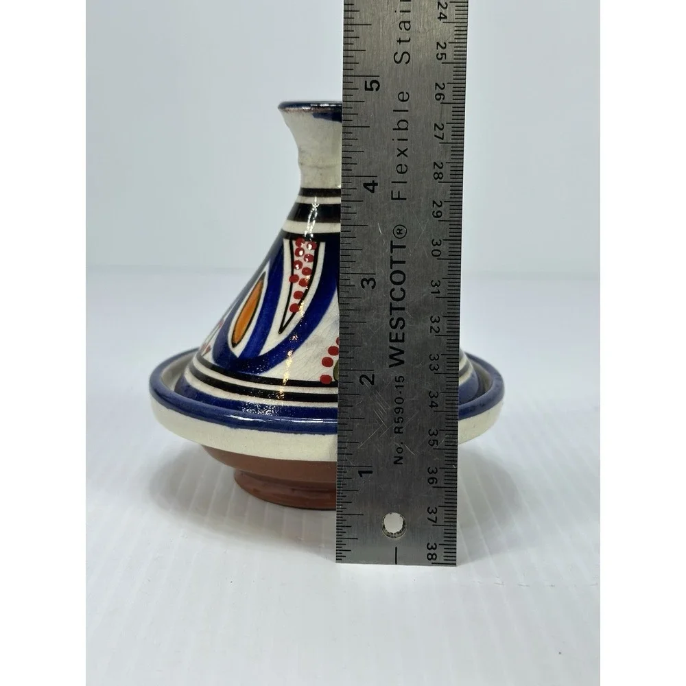 Vintage Small Moroccan Terracotta Tagine Pot Hand‎ Painted Glazed Morocco Signed